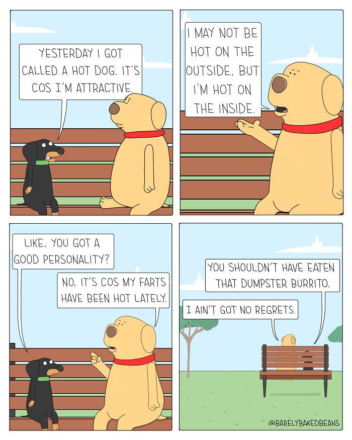 Comic by Daniel Matheson showing dogs humorously talking about being a hot dog with funny and heartwarming dialogue.