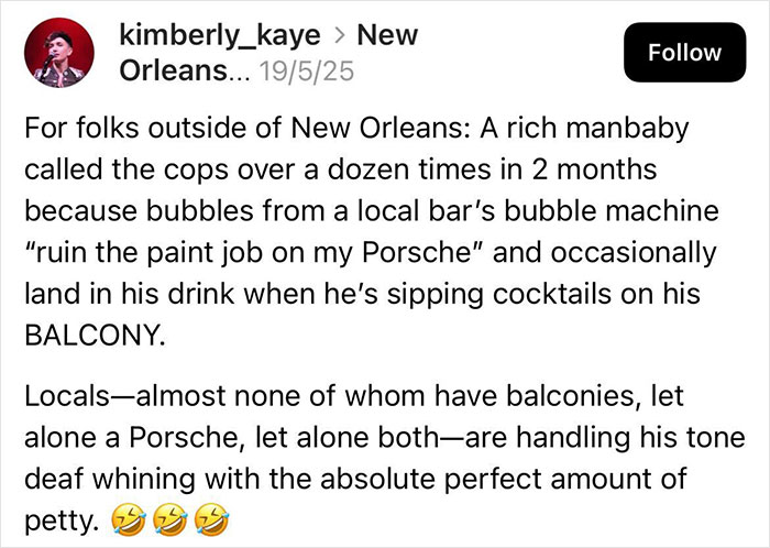 Screenshot of a social media post about a man repeatedly calling cops over bar bubbles ruining his Porsche paint job.