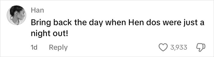Commenter Han expressing nostalgia for simpler hen parties as internet debates whether paying for hen parties has got out of hand. Commenter Han expressing nostalgia for simpler hen parties as internet debates whether paying for hen parties has got out of hand.
