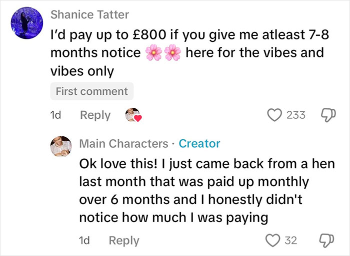 Social media comments debating the rising costs and payment methods for hen parties and their impact. Social media comments debating the rising costs and payment methods for hen parties and their impact.