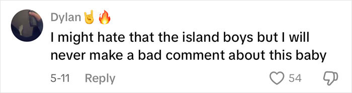 Comment from Dylan expressing support for Island Boy's baby amid fan bullying in a social media thread. Comment from Dylan expressing support for Island Boy's baby amid fan bullying in a social media thread.