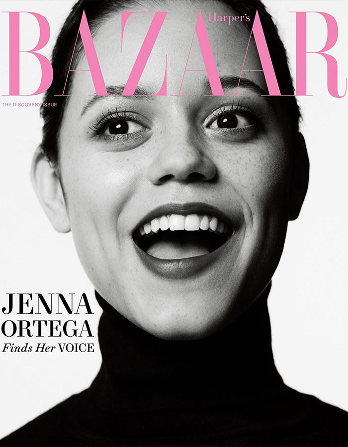 Close-up black and white portrait of Jenna Ortega smiling, featured on Harper's Bazaar cover, showcasing her natural beauty and expression. Close-up black and white portrait of Jenna Ortega smiling, featured on Harper's Bazaar cover, showcasing her natural beauty and expression.