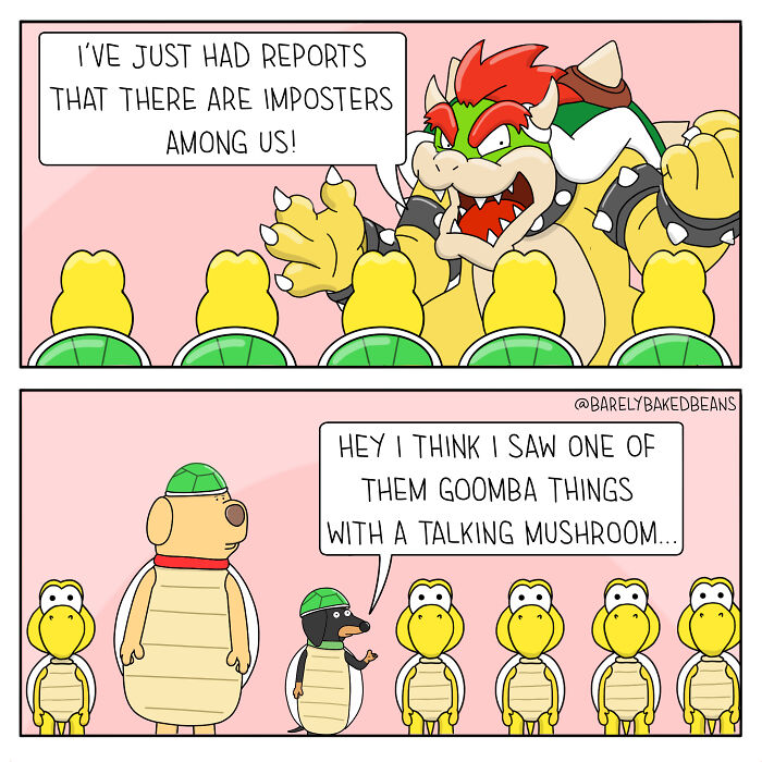 Cartoon by Daniel Matheson shows Bowser warning Koopa Troopas about imposters and a dog Koopa suspecting a Goomba.