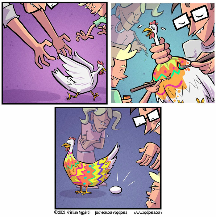 Comic panels show characters interacting with a chicken and painting its feathers in unexpected endings comics by artist.