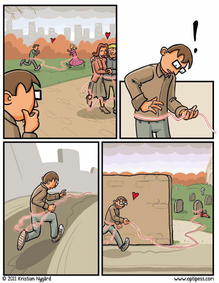 Comic panels show a man following a glowing red string to unexpected places in an artist's comics with unexpected endings.