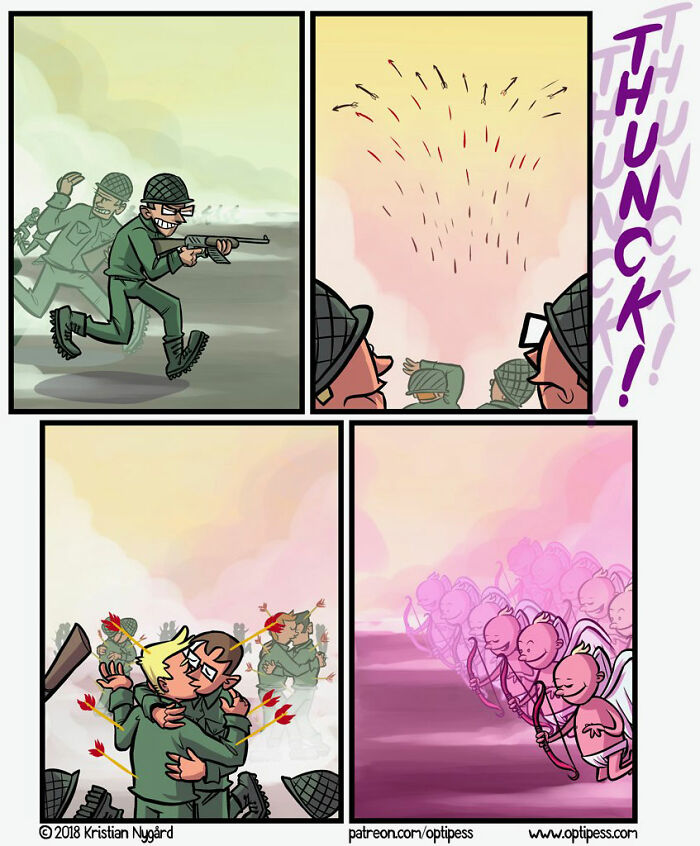 Comic panels showing soldiers in battle with an unexpected ending featuring cupids shooting arrows, artist creates comics with unexpected endings.