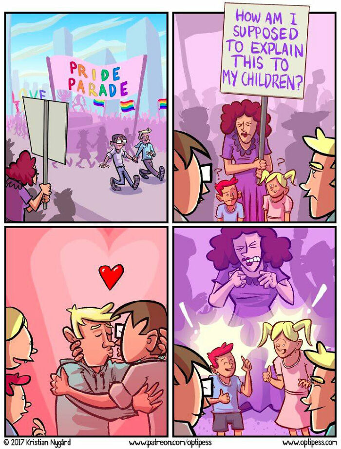 Comic panels showing a pride parade, a woman holding a protest sign, and a couple kissing in an unexpected ending comic.