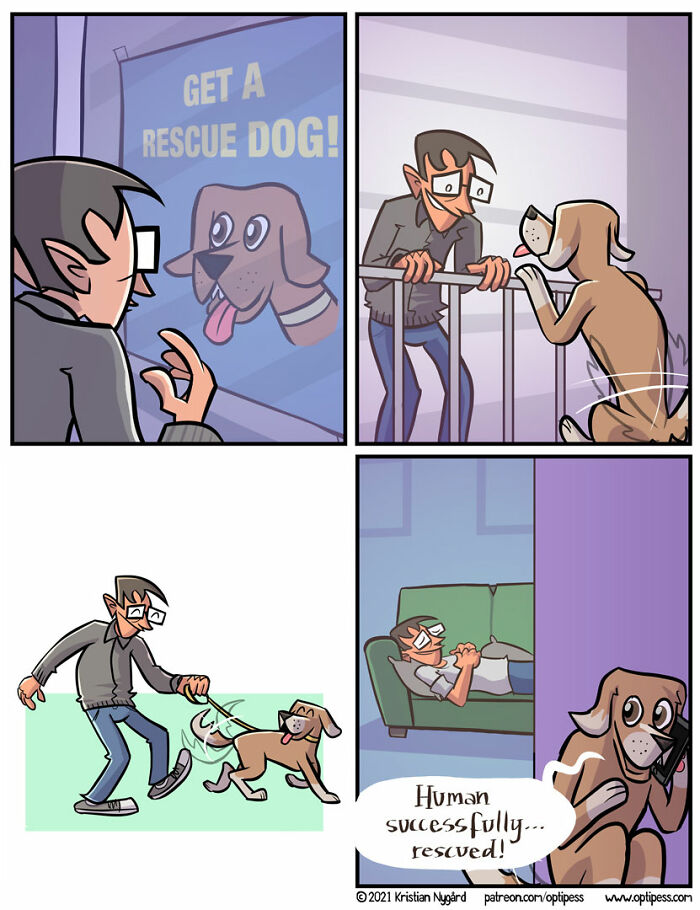 Comic showing rescue dog adoption with unexpected ending where the dog talks on the phone after saving the human.