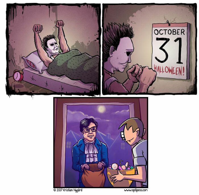 Comic artist creates comics with unexpected endings featuring a Halloween scene with a surprising trick-or-treat visitor.