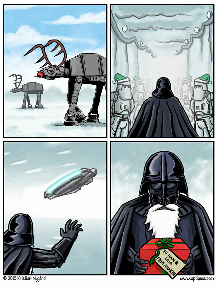 Comic panels show artist’s unexpected endings with Darth Vader, holiday-themed AT-ATs, and a surprising gift reveal.