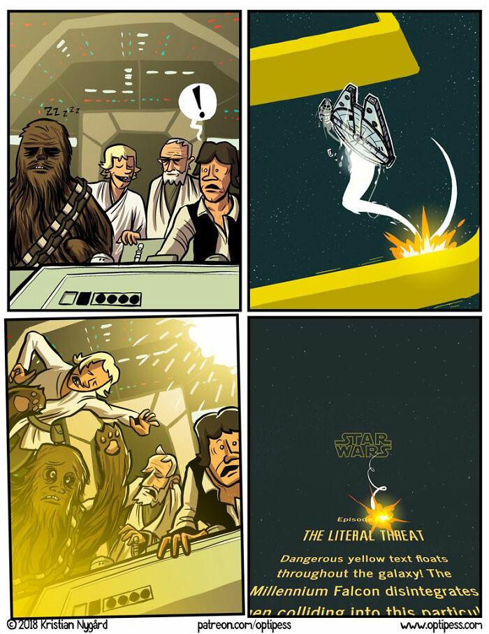 Comic panel showing a humorous unexpected ending with Star Wars characters and the Millennium Falcon disintegrating in space.