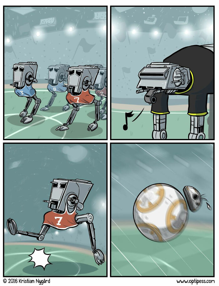 Robotic dog-like characters play soccer in a comic with unexpected endings by the artist Kristian Nygård.