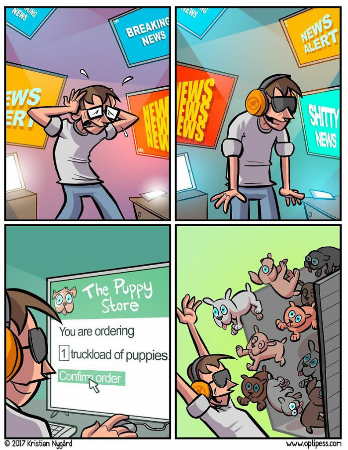 Comic panels show a man reacting to breaking news, then ordering a truckload of puppies in an artist's unexpected endings comic.