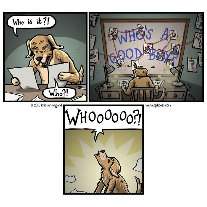 Comic panels feature a dog investigating clues and howling, showcasing the artist's comics with unexpected endings style.