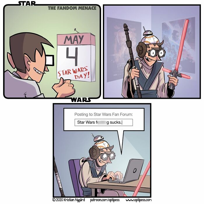 Comic artist creates unexpected ending Star Wars comic strip with fan posting negative comment online.