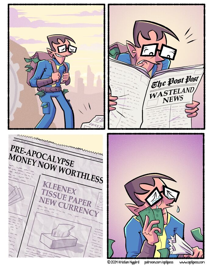 Comic panels show a man discovering money is worthless and Kleenex tissue paper is the new currency, a comic with unexpected endings.
