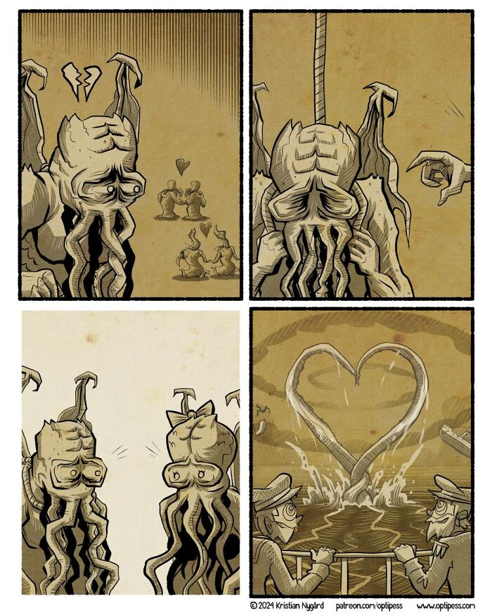 Comic panels featuring an artist's unexpected ending with a sad creature transforming into a heart shape in the water.