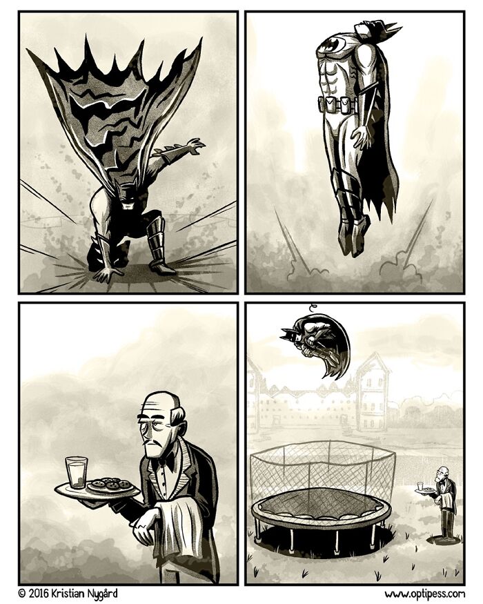 Comic panels by artist showing unexpected endings featuring a superhero and a butler with a trampoline twist.