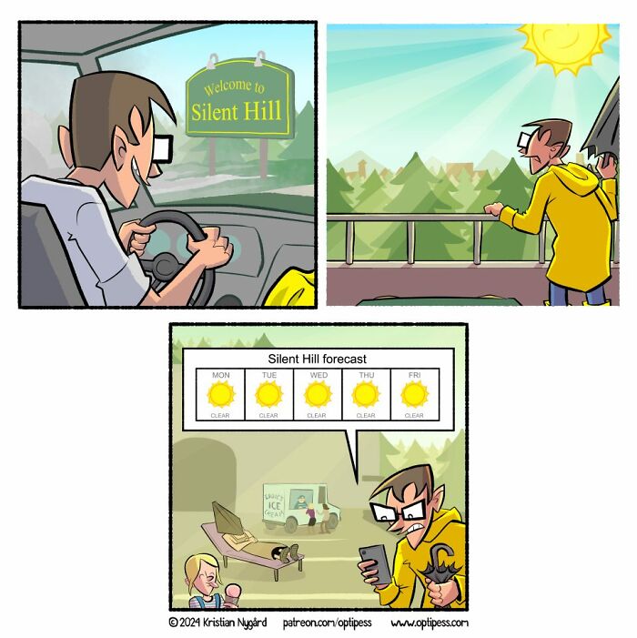Comic panels showing a man visiting Silent Hill on a sunny forecast day, creating unexpected endings in artist's newest comics.