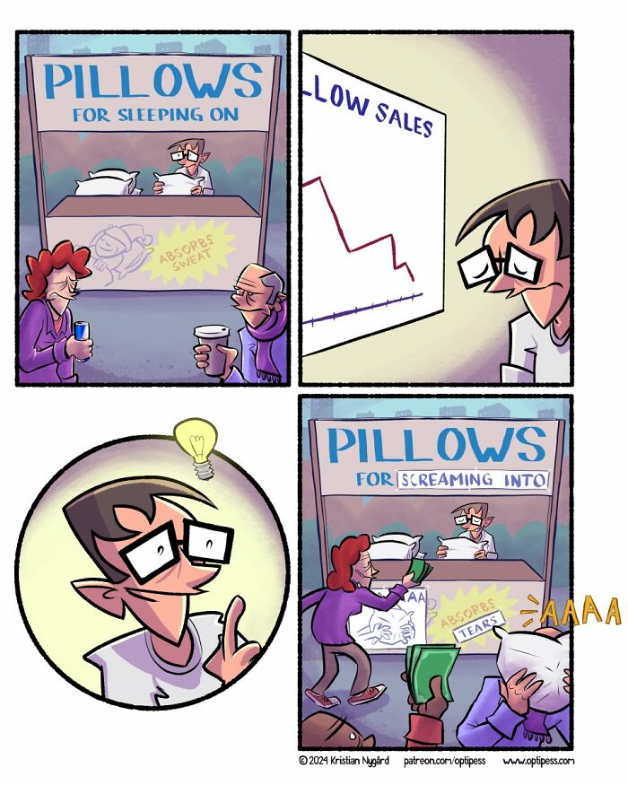 Comic strip by artist creating comics with unexpected endings featuring a pillow stand changing from sweat to tears absorbent pillows.