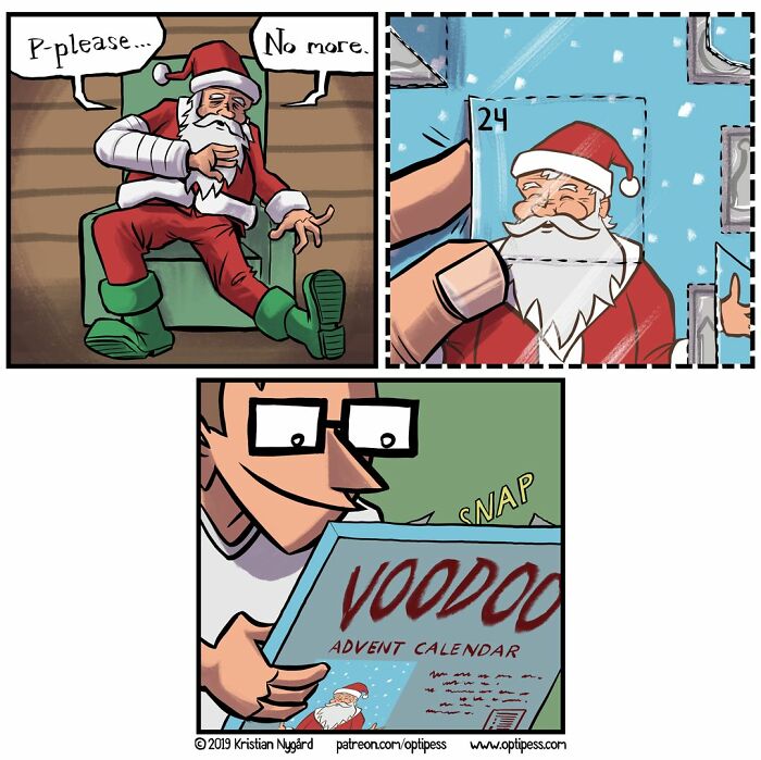 Comic artist creates unexpected endings showing a man opening a voodoo advent calendar with Santa in distress.