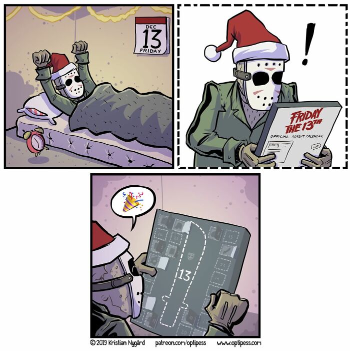 Comic panels show a masked character on December 13th interacting with a Friday the 13th advent calendar in an unexpected twist.
