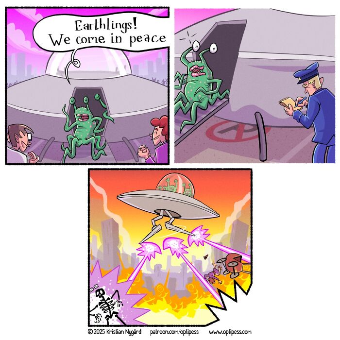 Comic panels of an alien declaring peace, then arrested, followed by alien spaceship attacking the city, comics with unexpected endings.