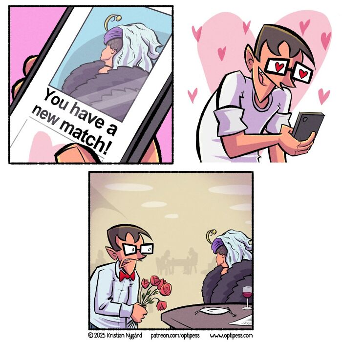 Comic artist creates unexpected endings showing a dating match with funny and surprising results in three-panel story.