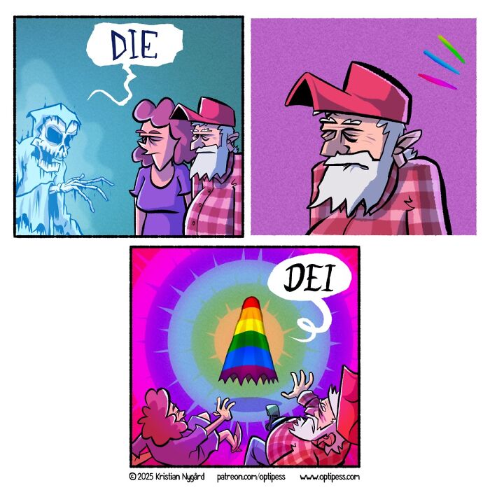 Comic panels by artist with unexpected endings showing a ghost, two characters, and a colorful magical cloak reveal.