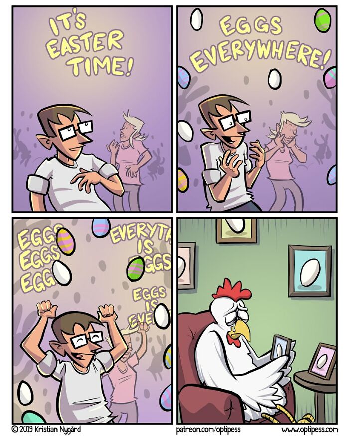 Comic by artist showing a man excited about Easter eggs with a sad chicken holding framed pictures inside a room.