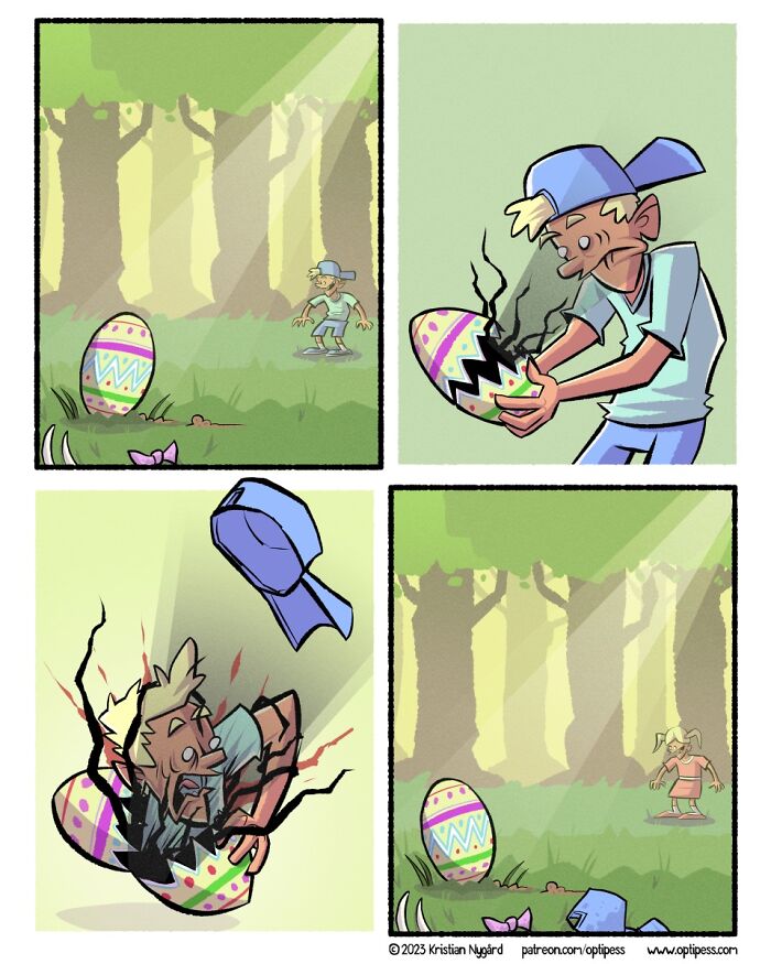 Comic panels show a character discovering a colorful egg in a forest, resulting in a surprising and unexpected ending.