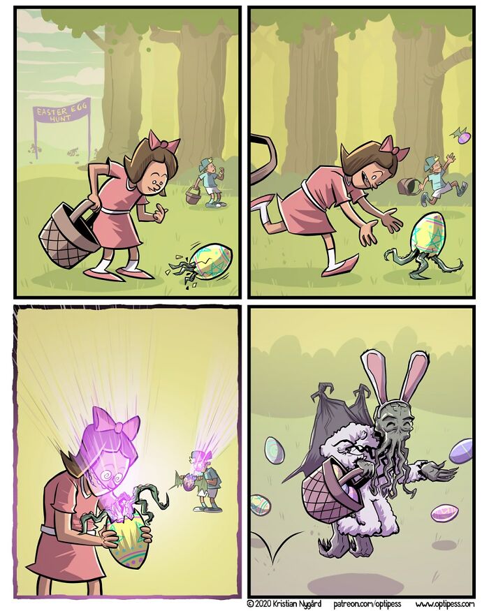 Comic panels showing an Easter egg hunt with a twist, featuring unexpected endings in the artist's newest comics.