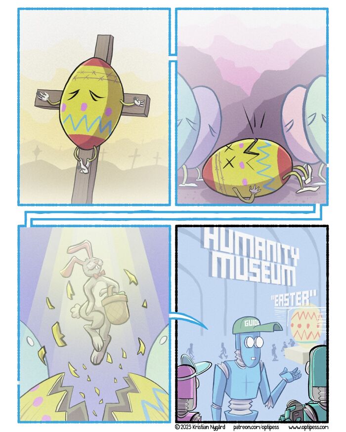 Comic panels showing an Easter egg crucifixion, egg c*****d by an Easter bunny, and a museum exhibit with unexpected endings.