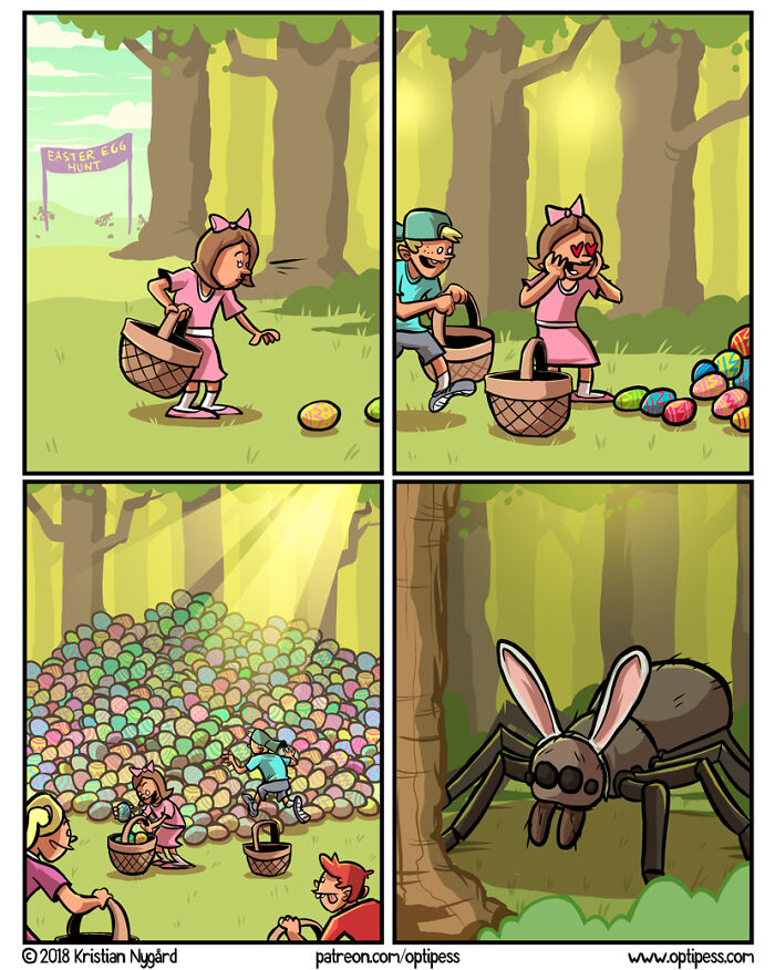Comic panels from artist creating comics with unexpected endings showing children at an Easter egg hunt and a giant spider with bunny ears.