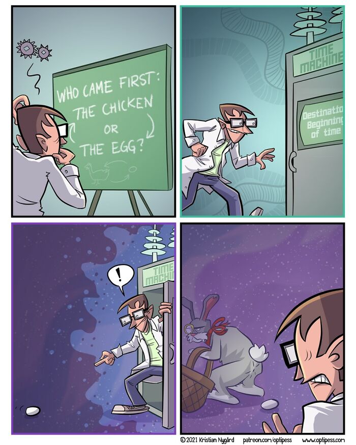 Cartoon scientist uses time machine in comic with unexpected endings exploring the chicken and egg paradox.