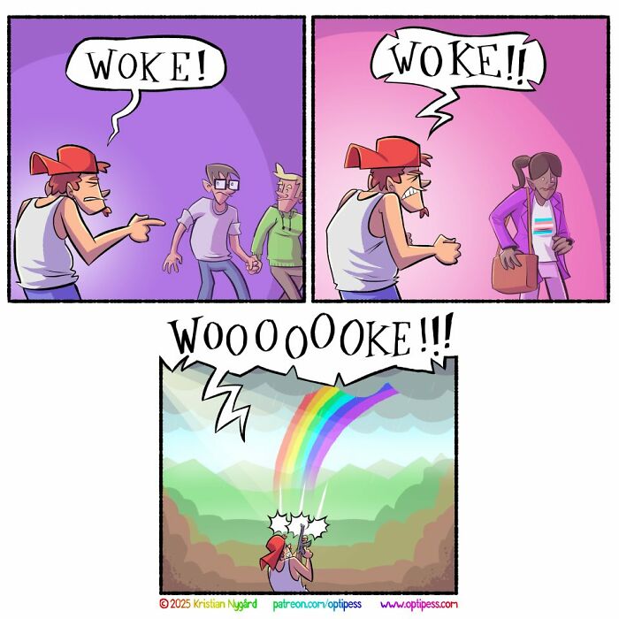Comic panels by artist showing characters shouting woke with an unexpected colorful rainbow ending.