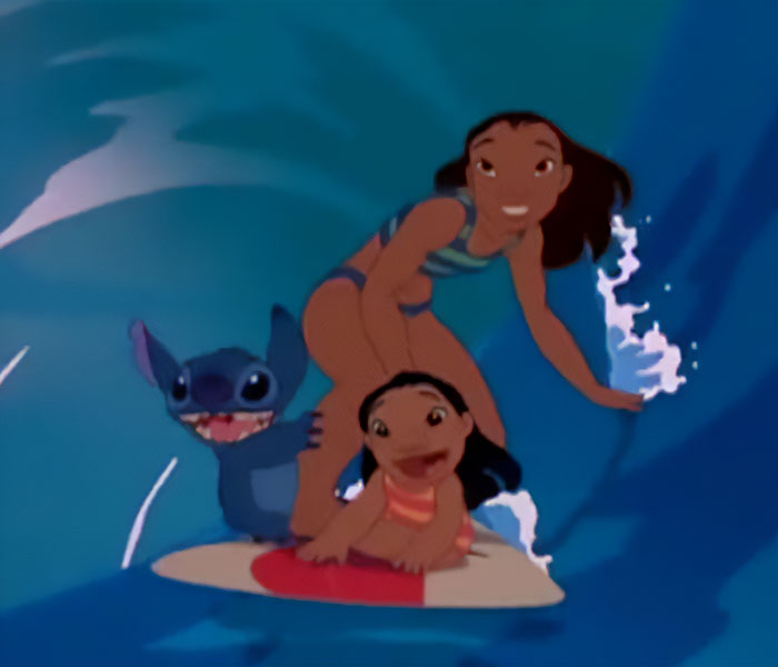 Lilo and Stitch surfing together with smiles, capturing the original Disney characters in an animated ocean scene. Lilo and Stitch surfing together with smiles, capturing the original Disney characters in an animated ocean scene.