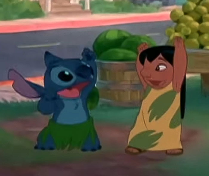 Lilo and Stitch celebrating with raised arms in a colorful outdoor market scene from the Disney animated film. Lilo and Stitch celebrating with raised arms in a colorful outdoor market scene from the Disney animated film.