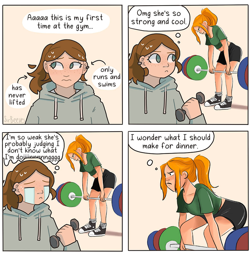 Comic panels showing a relatable gym experience with a young woman lifting weights and feeling self-conscious.
