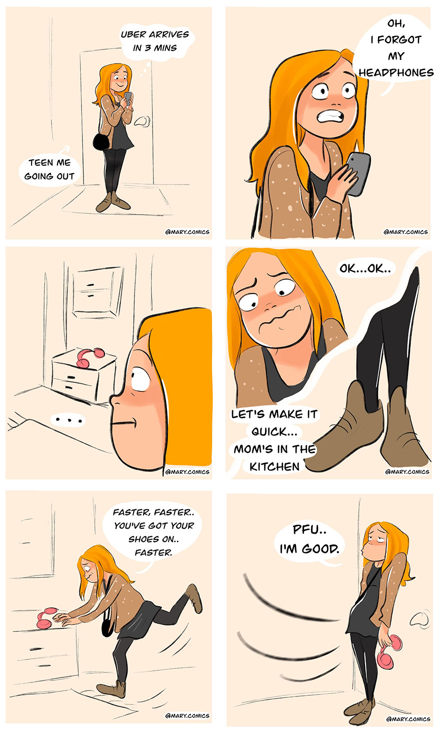 Comic panels showing a young woman rushing to get ready, illustrating relatable moments from artist made new comics.