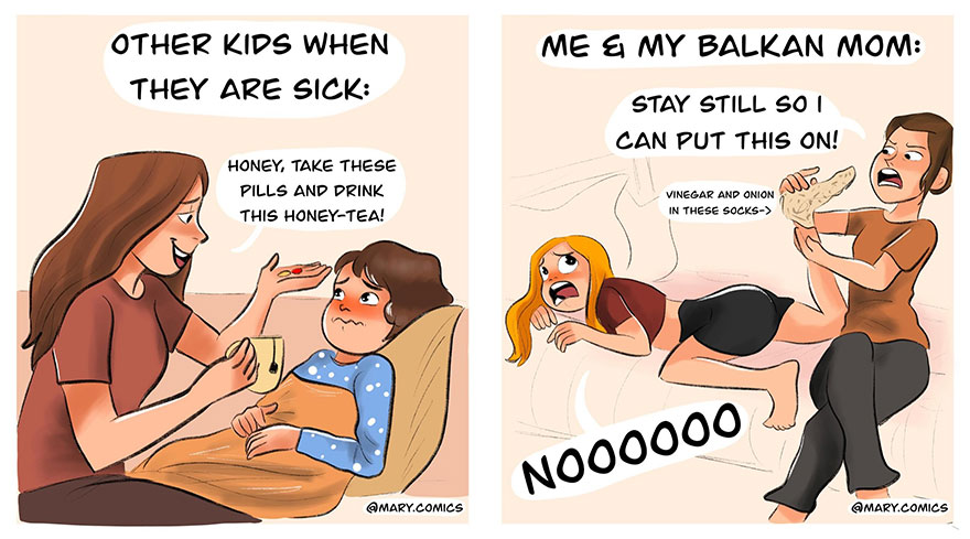 Comic panel by artist showing relatable scenes of kids sick with caring moms, capturing young people’s experiences in new comics.