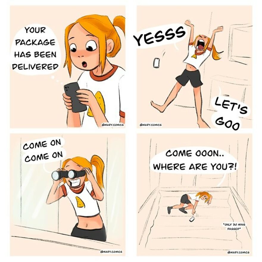 Comic strip by artist showing a young girl eagerly waiting for a package, highlighting relatable moments in new comics.