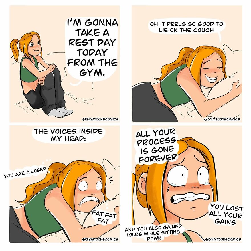 Comic strip showing a relatable gym rest day struggle, capturing emotions many young people experience through artist-made comics.