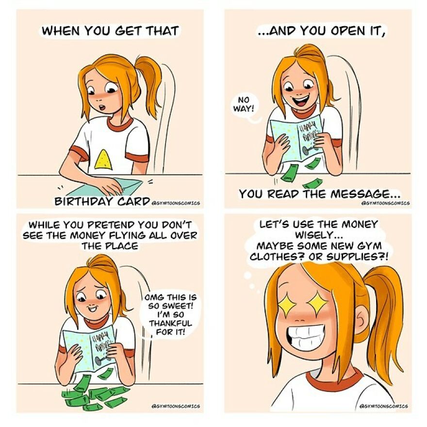 Comic strip showing a girl excitedly opening a birthday card with money falling inside, relatable artist made comics for young people.