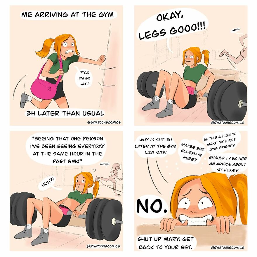 Comic panels depicting a relatable gym experience in artist made comics many young people will relate to.