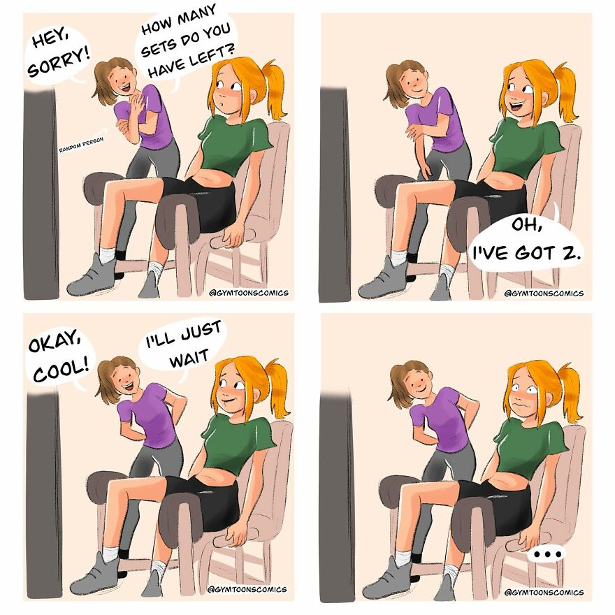 Comic strip by artist showing two young women in casual workout clothes interacting, illustrating relatable moments for young people.