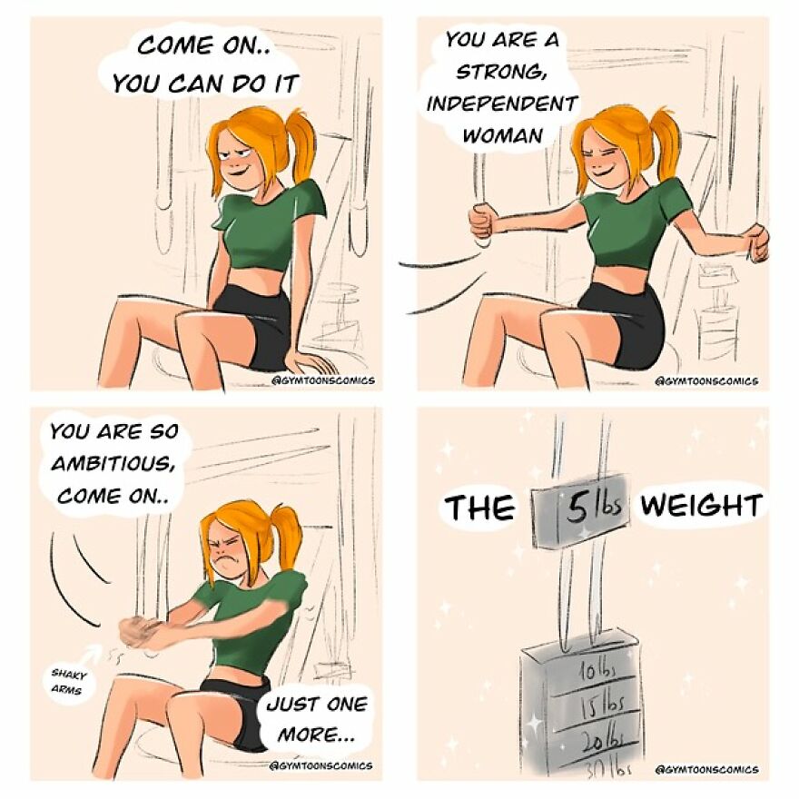 Comic strip showing a young woman encouraging herself during a workout, relatable artist made comics for young people.