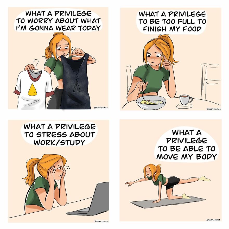 Comic panels by artist showing relatable young adult moments about clothing, food, work stress, and body movement in new comics.