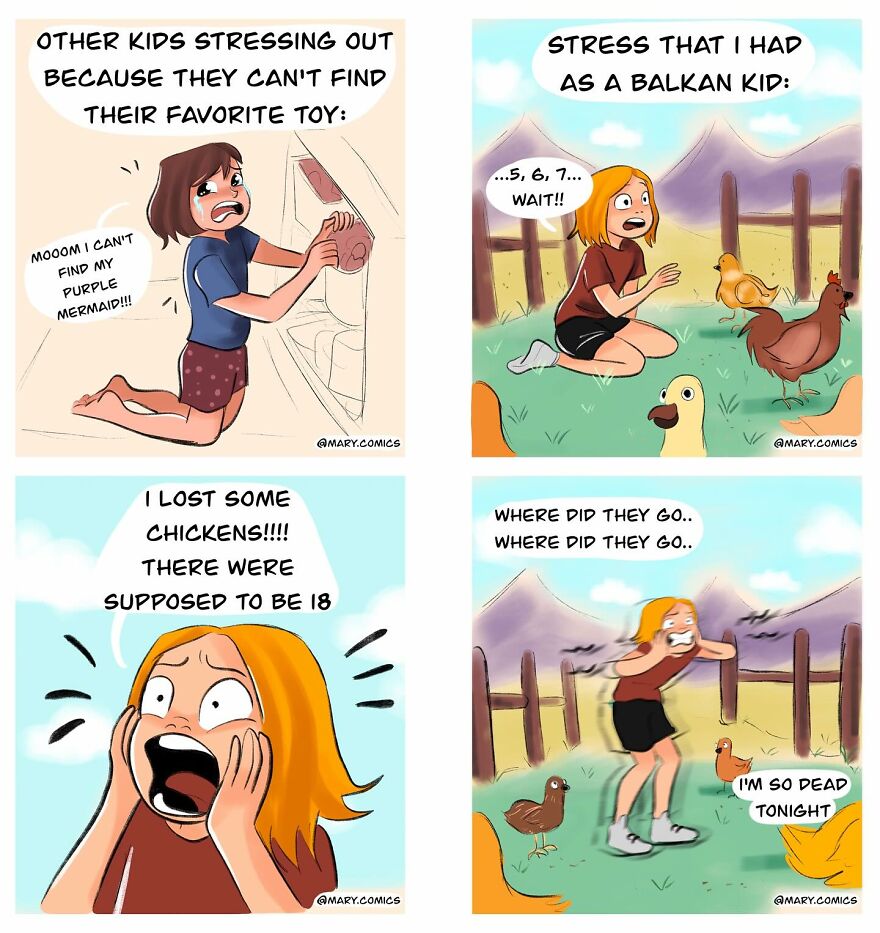 Comic panels showing a relatable artist made 34 new comics depicting childhood stress and humorous struggles with animals.