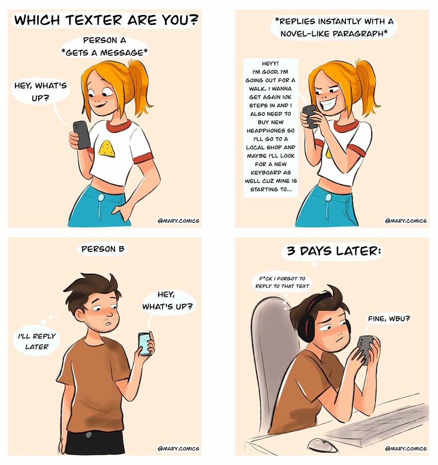 Comic panels showing two different texting styles, illustrating relatable communication by artist made comics for young people.